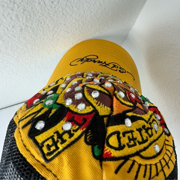 ED HARDY VTG HAT BASEBALL CAP YELLOW BLACK y2k 90s Christian Audigier Trucker - Picture 11 of 15